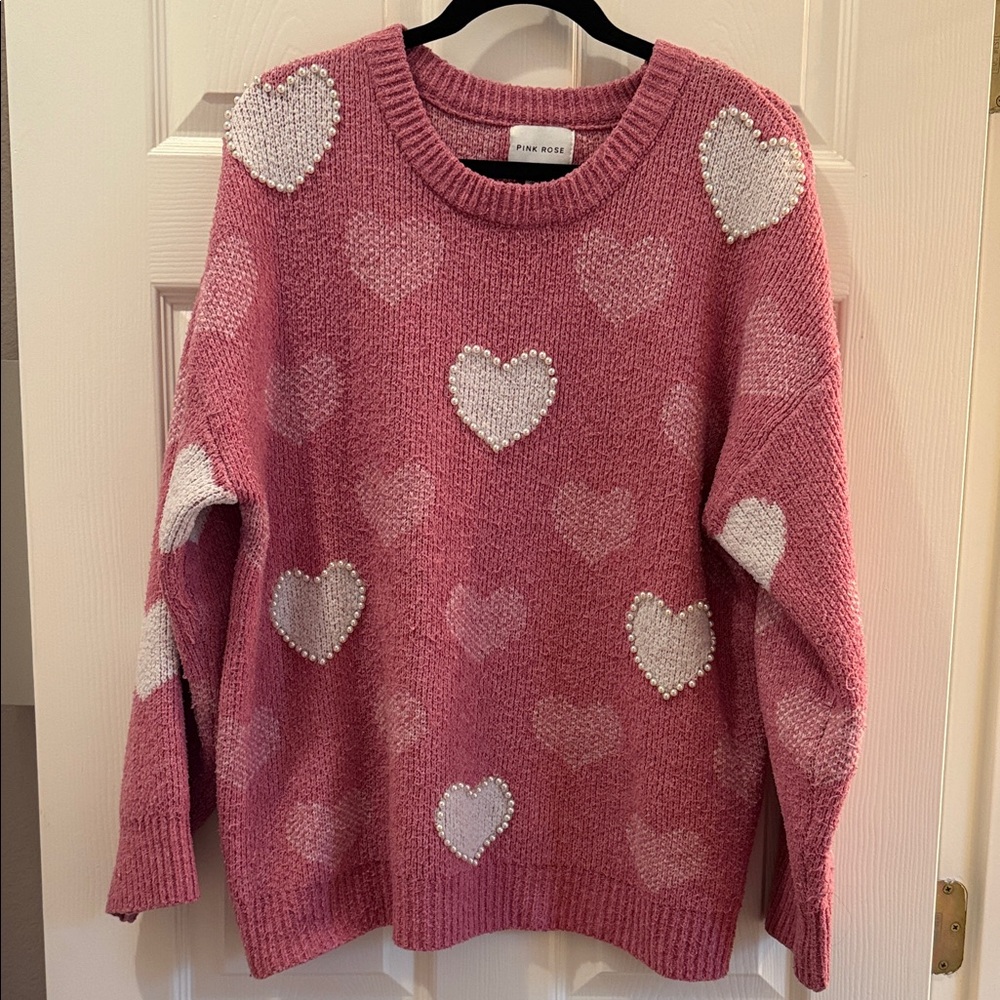Pink Rose Pink Heart-Embellished Crewneck Sweater